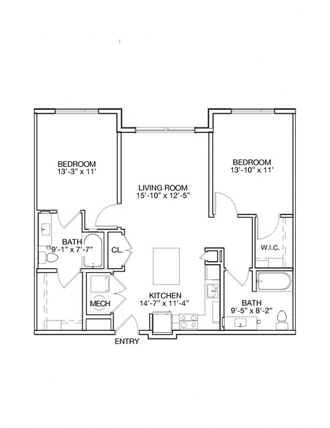 Floor plan for 2 beds, 2 baths, 1069 sqft